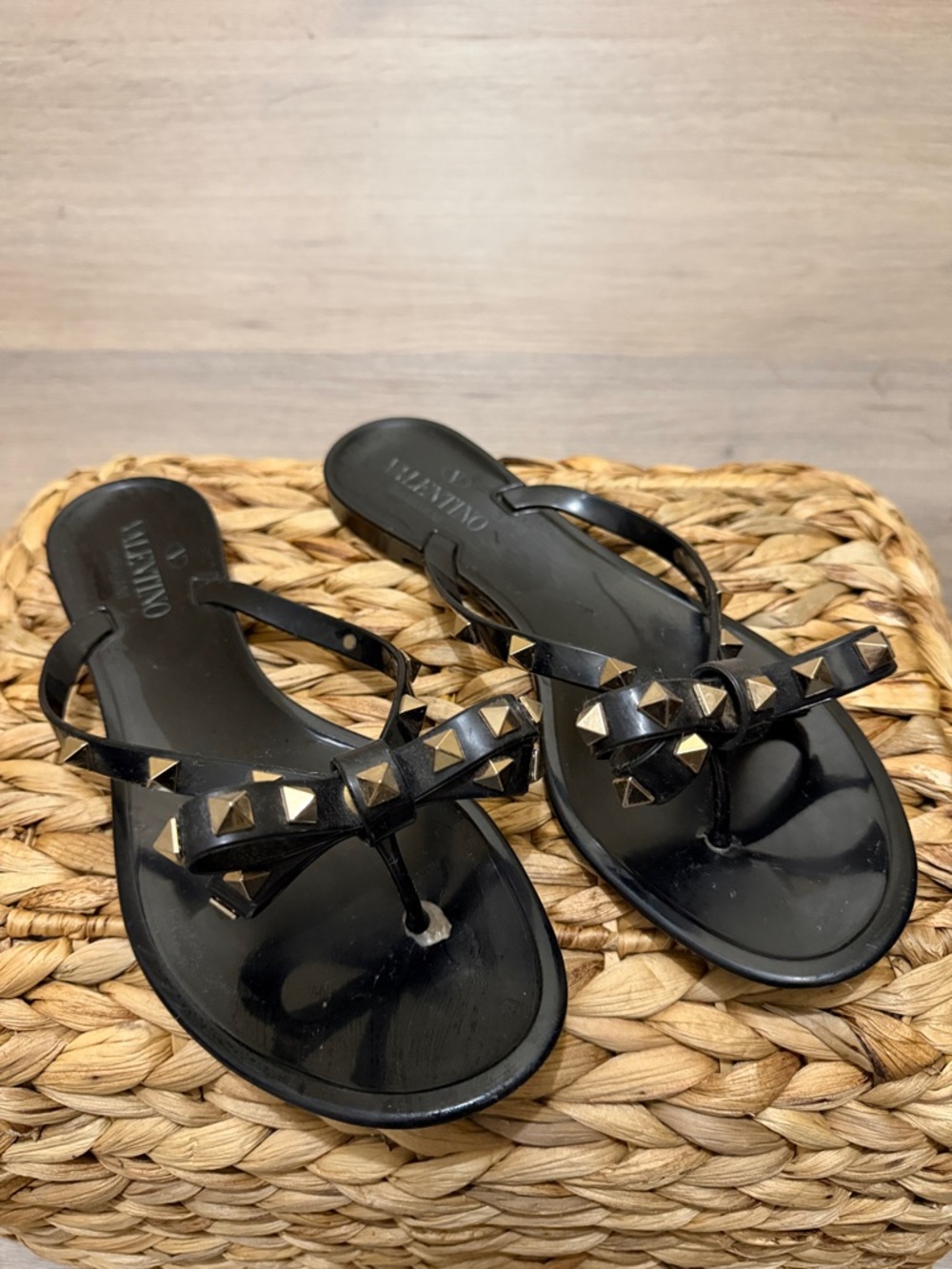 Valentino Black Jelly Thong Sandals with Gold Rockstuds